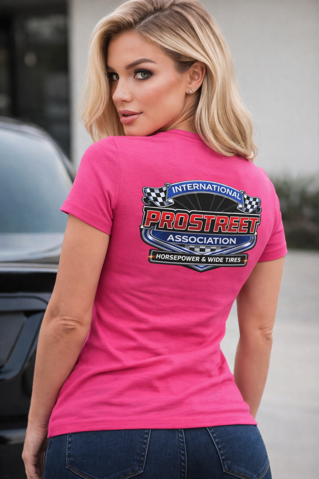 Horsepower & Wide Tires Womens Tee (Pink) thumbnail 3